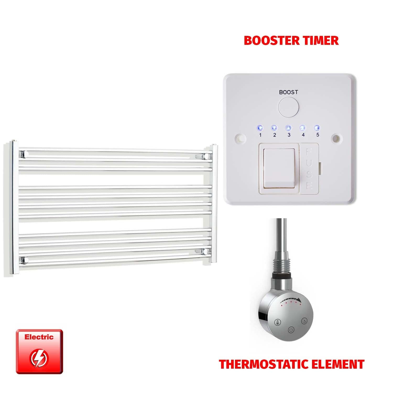 Thermostatic Element + Booster Timer 1200 x 600 Flat Chrome Pre-Filled Electric Heated Towel Rail