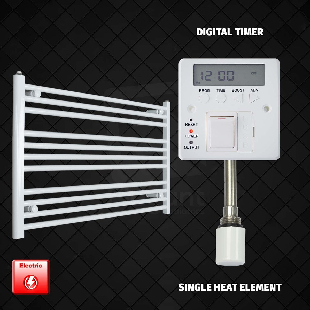 Single Heat Element + Digital Timer 1200 x 600 Flat White Pre-Filled Electric Heated Towel Rail