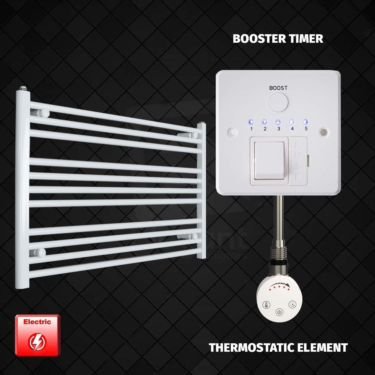 Thermostatic Element + Booster Timer 1200 x 600 Flat White Pre-Filled Electric Heated Towel Rail