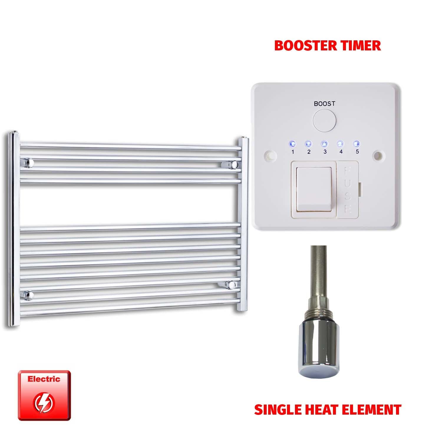Single Heat Element + Booster Timer 1200 x 700 Flat Chrome Pre-Filled Electric Heated Towel Rail