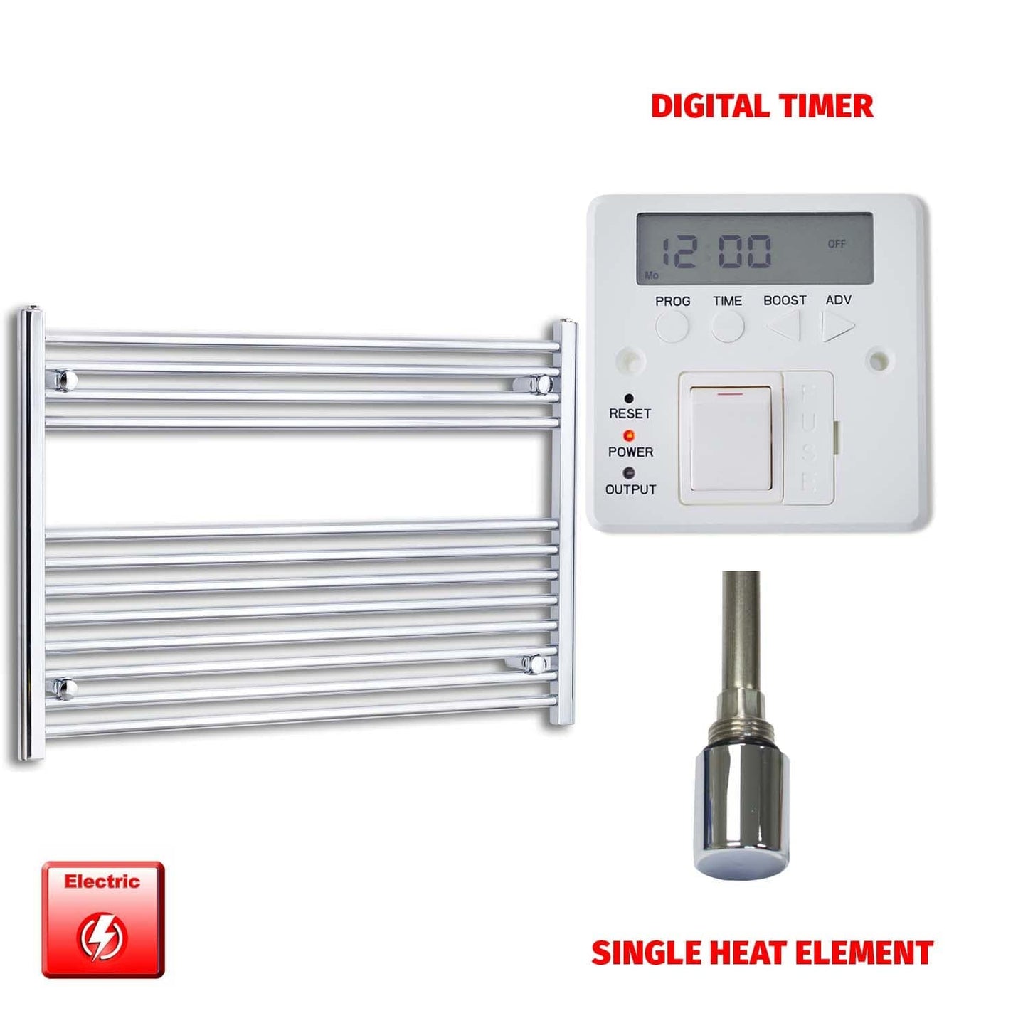 Single Heat Element + Digital Timer 1200 x 700 Flat Chrome Pre-Filled Electric Heated Towel Rail