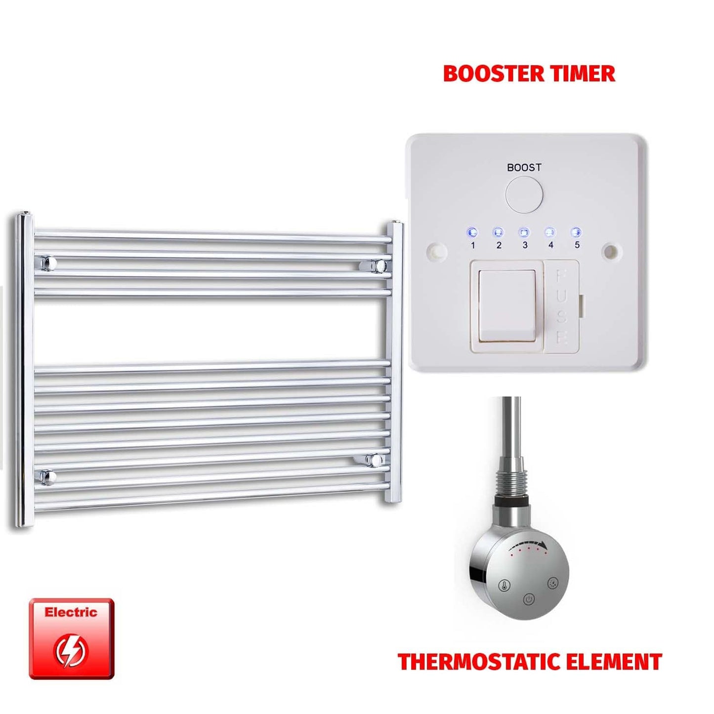 Thermostatic Element + Booster Timer 1200 x 700 Flat Chrome Pre-Filled Electric Heated Towel Rail