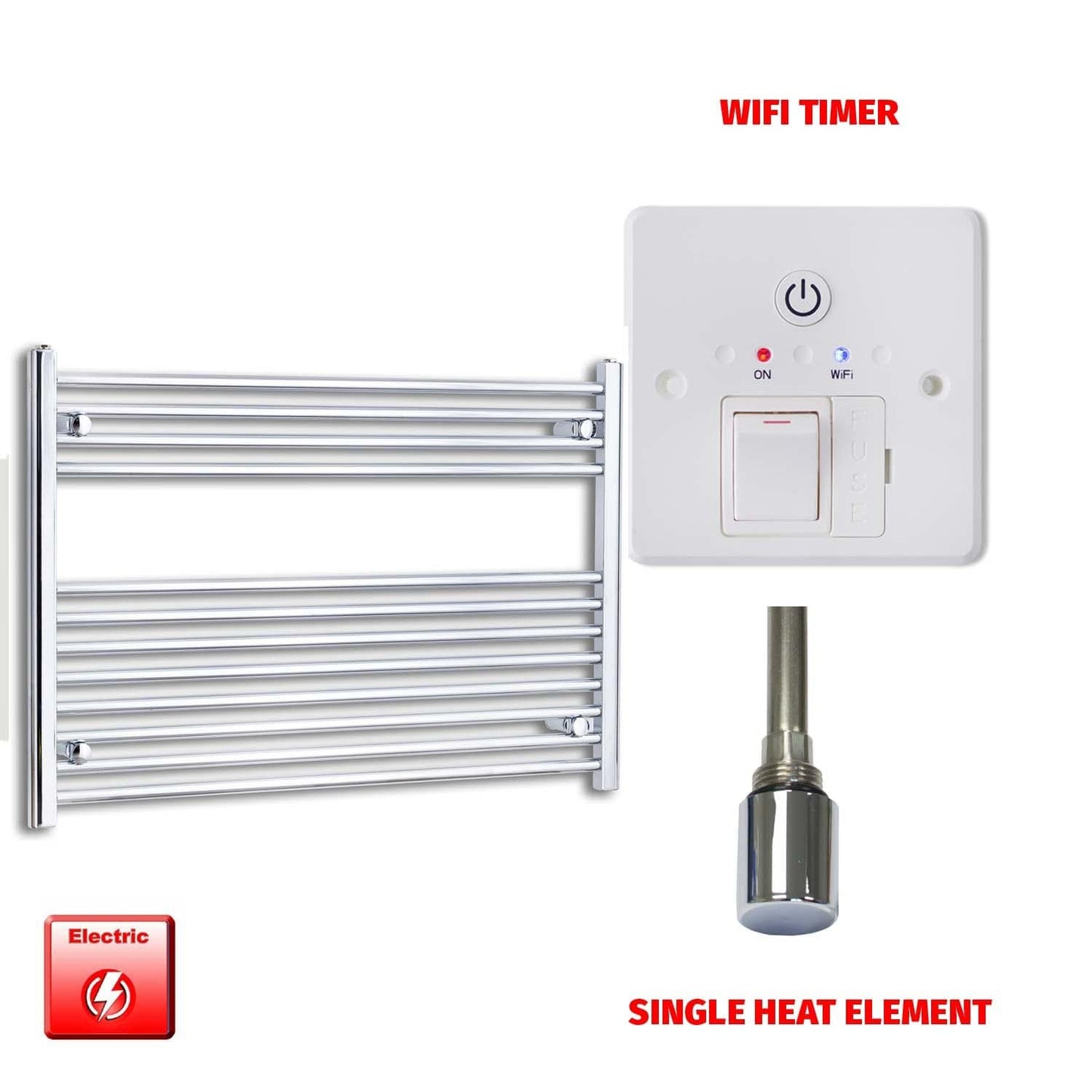 Single Heat Element + Wifi Timer 1200 x 700 Flat Chrome Pre-Filled Electric Heated Towel Rail