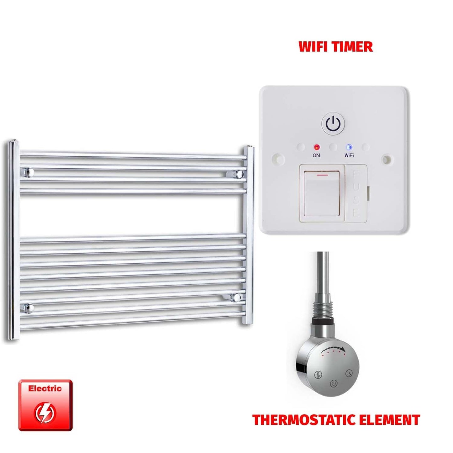 Thermostatic Element + Wifi Timer 1200 x 700 Flat Chrome Pre-Filled Electric Heated Towel Rail