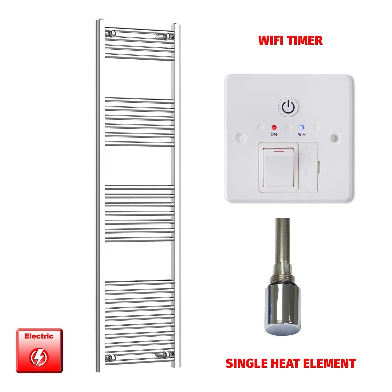 Flat / Single Heat Element + Wifi Timer 1600 x 400 Chrome Electric Heated Towel Rail Pre-Filled