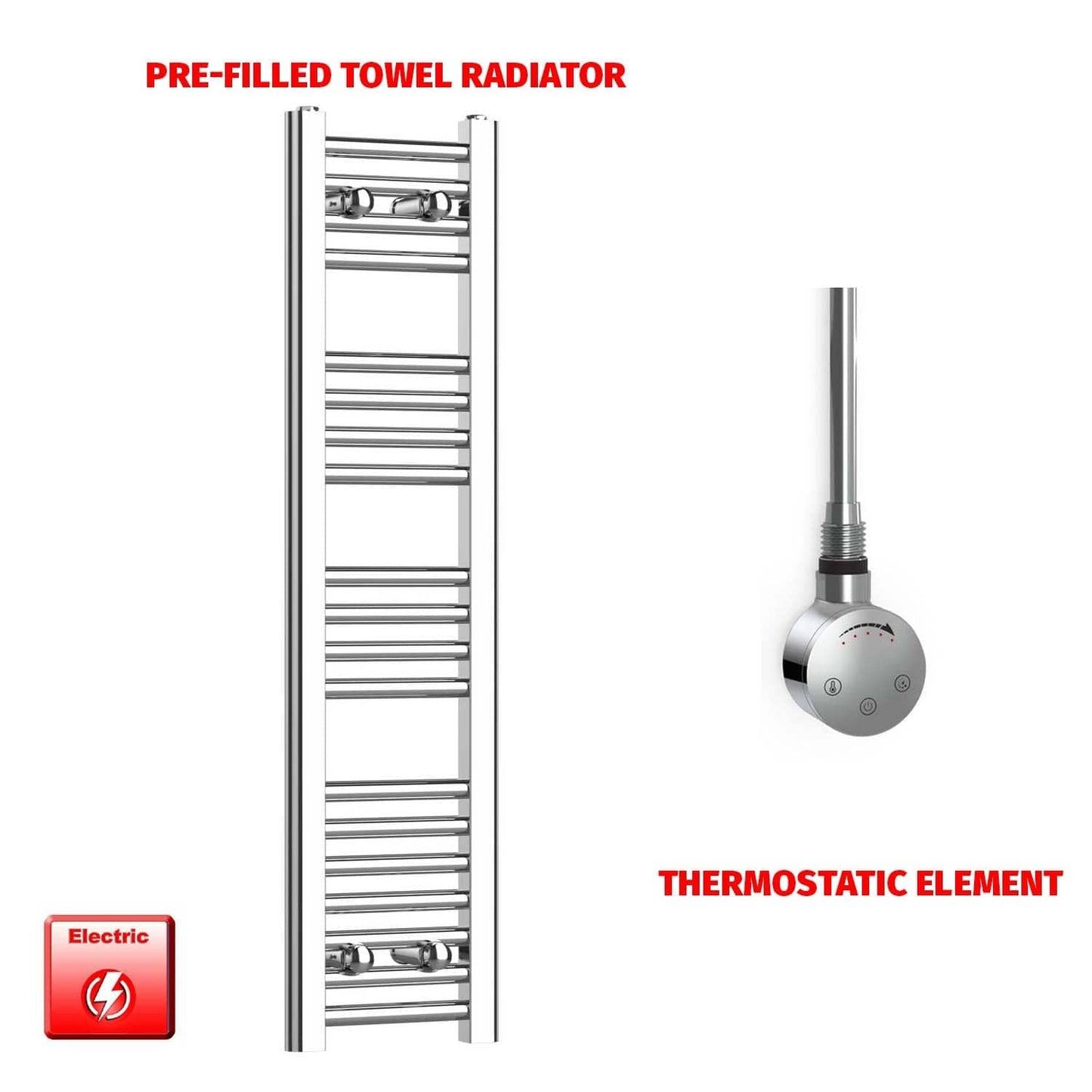 Thermostatic Element 200 x 1000mm Flat Chrome Pre-Filled Electric Towel Radiator