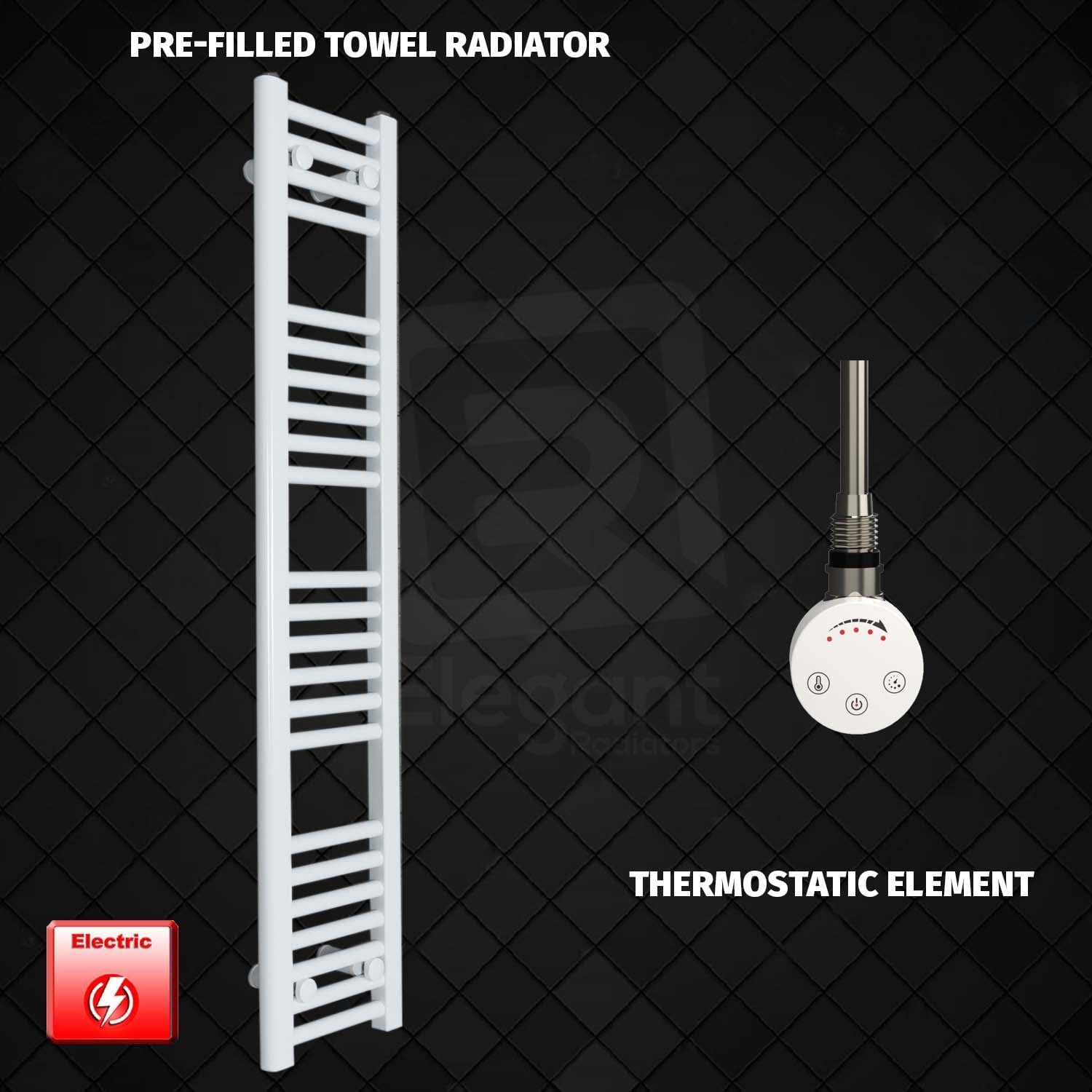 Thermostatic Element 200 x 1200 Flat White Pre-Filled Electric Towel Radiator
