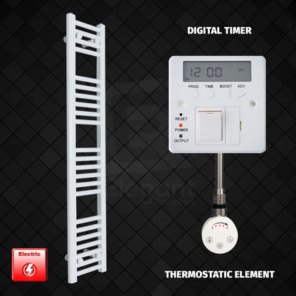 Thermostatic Element + Digital Timer 200 x 1200 Flat White Pre-Filled Electric Towel Radiator