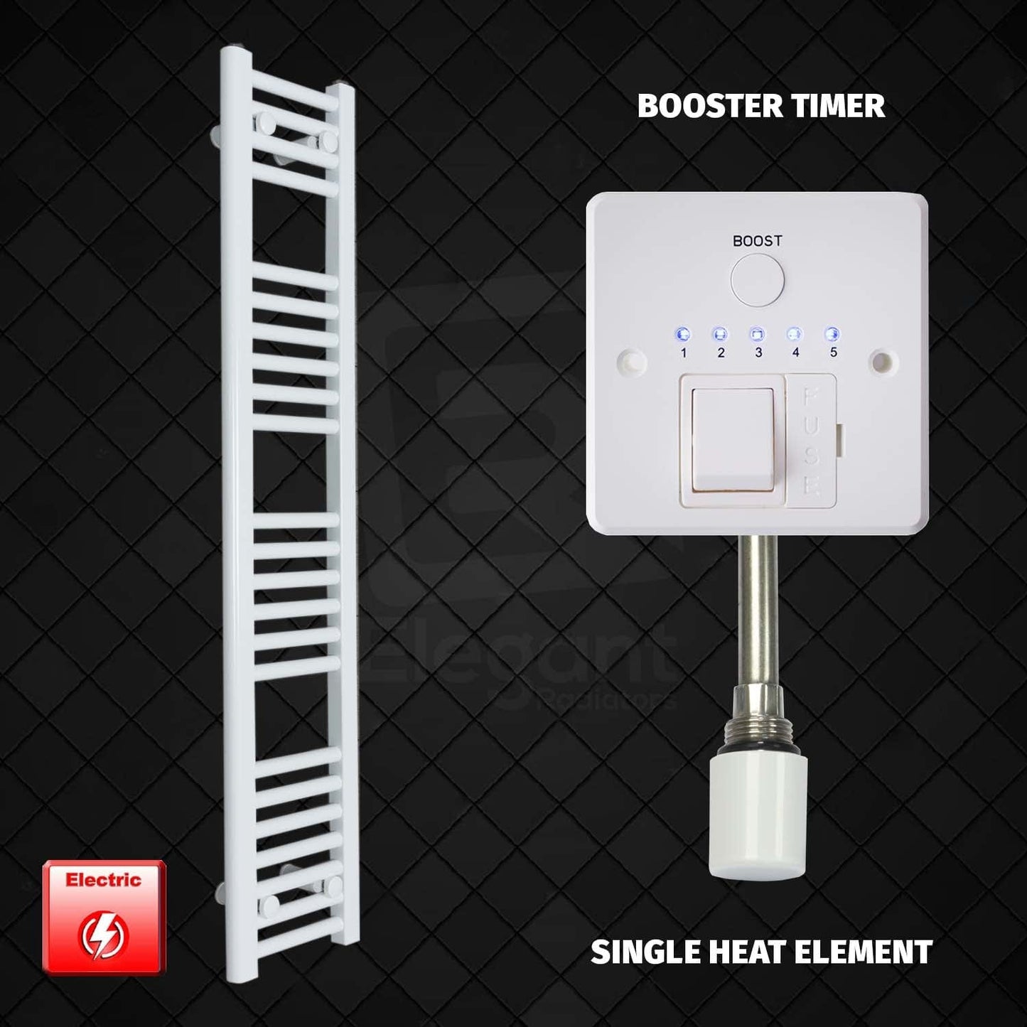Single Heat Element + Booster Timer 200 x 1200 Flat White Pre-Filled Electric Towel Radiator