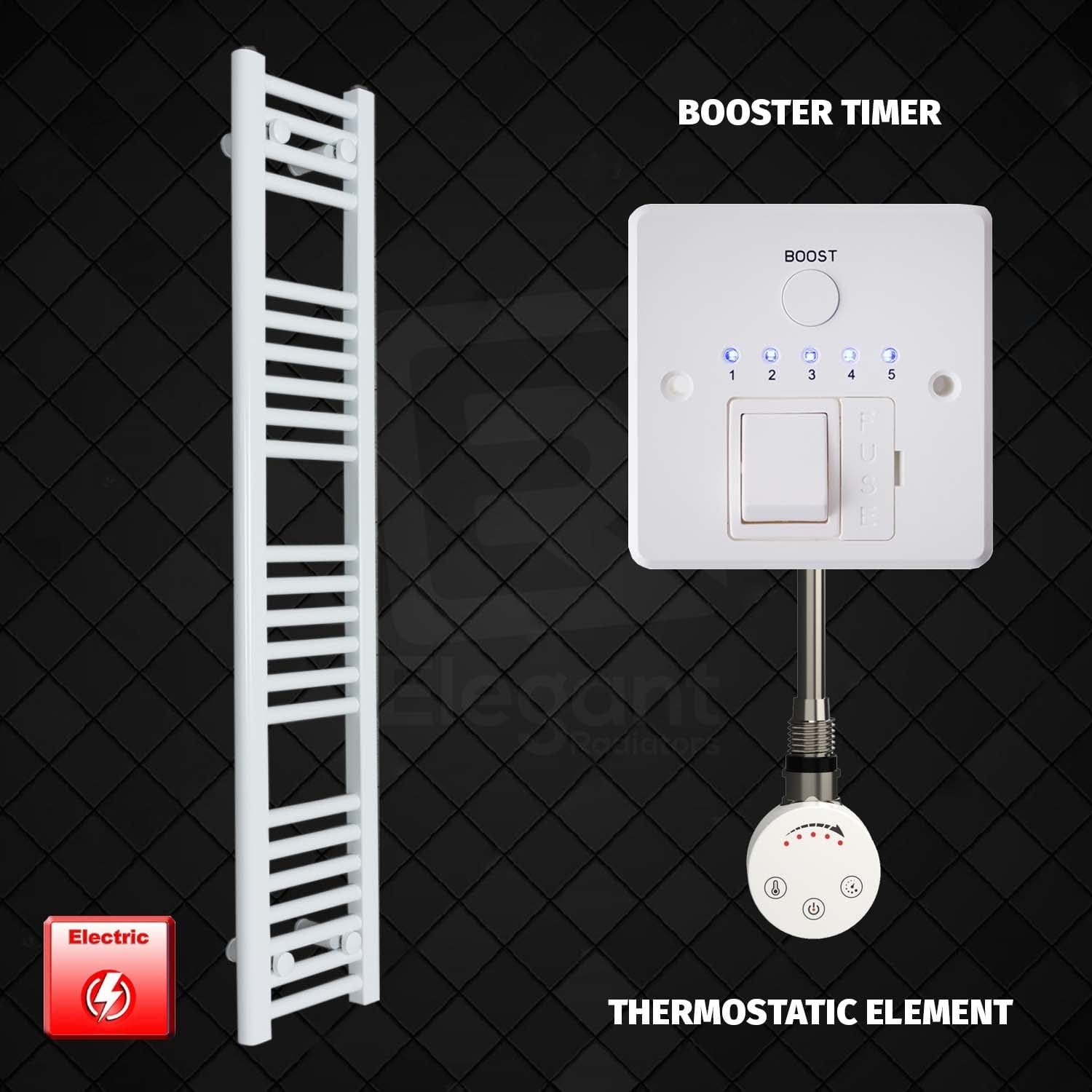 Thermostatic Element + Booster Timer 200 x 1200 Flat White Pre-Filled Electric Towel Radiator