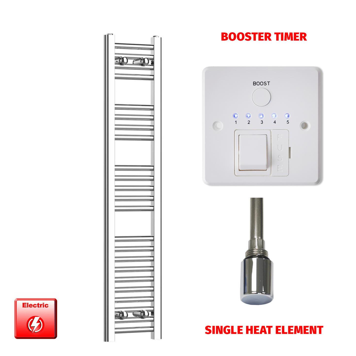 Single Heat Element + Booster Timer 200 x 1200 High Flat Chrome Pre-Filled Electric Towel Radiator