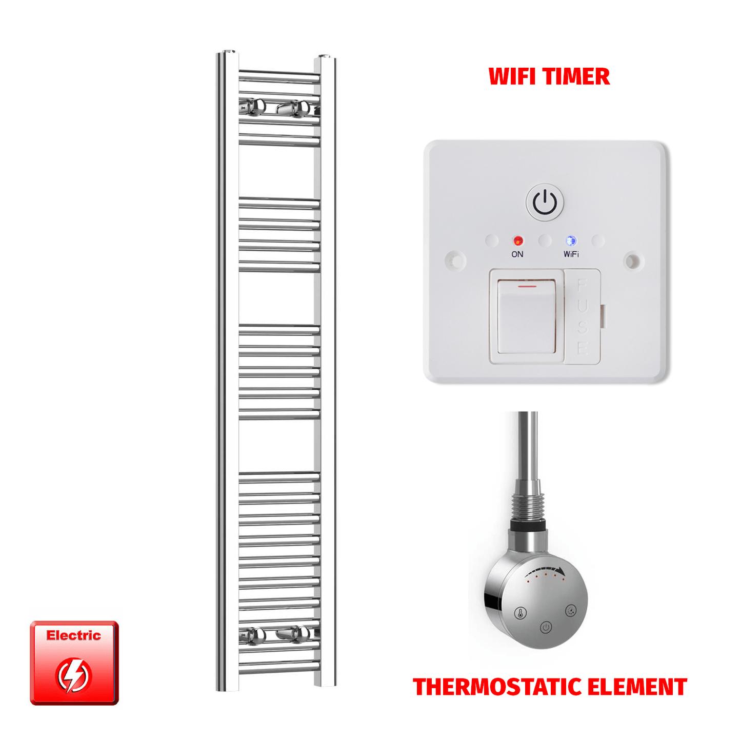 Thermostatic Element + Wifi Timer 200 x 1200 High Flat Chrome Pre-Filled Electric Towel Radiator