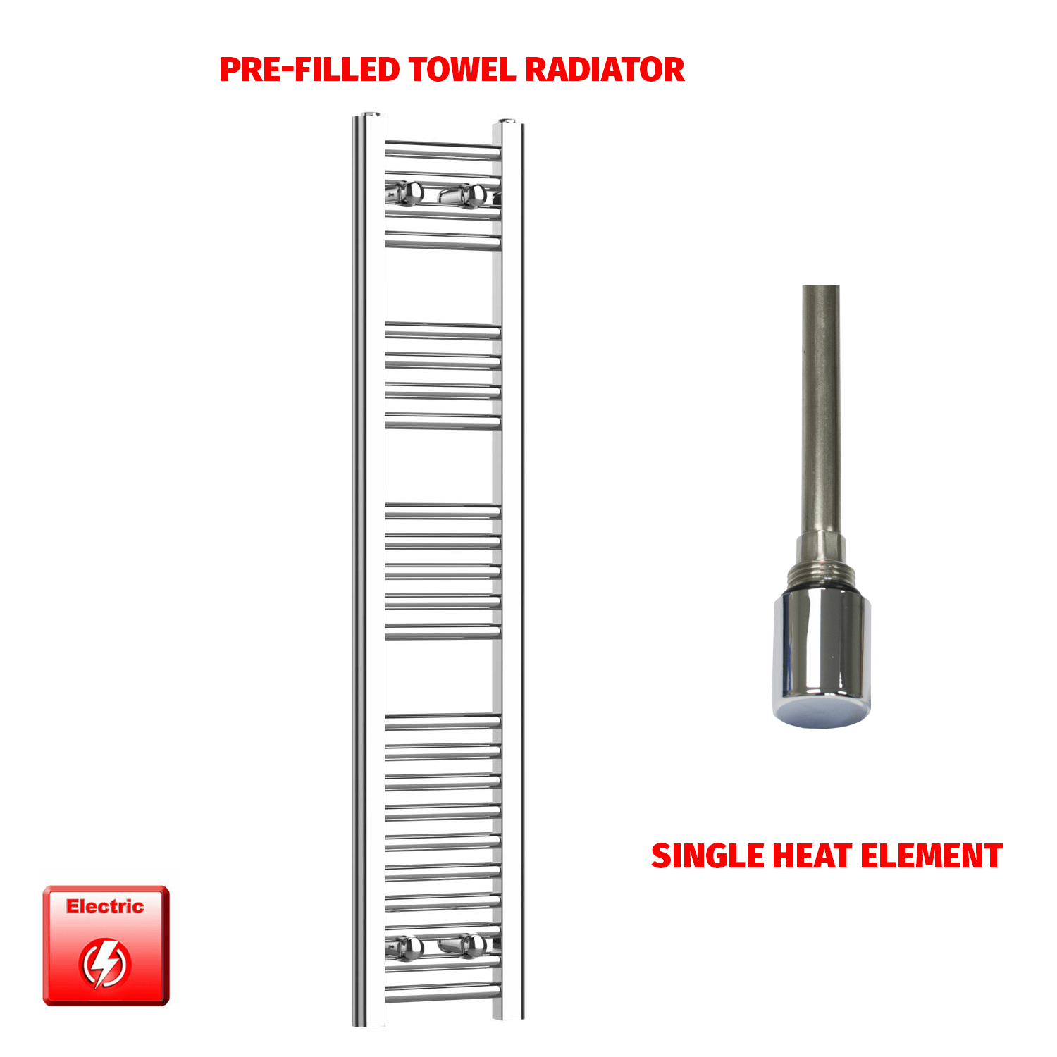 Single Heat Element 200 x 1200 High Flat Chrome Pre-Filled Electric Towel Radiator