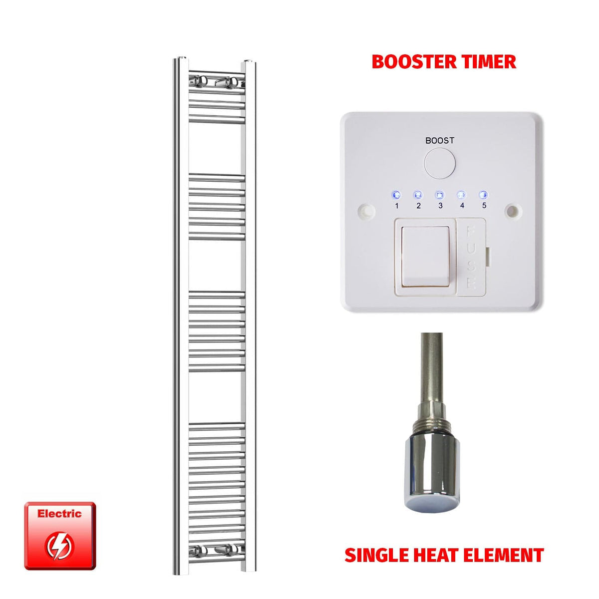 Single Heat Element + Booster Timer 200 x 1400 Flat Chrome Pre-Filled Electric Towel Radiator