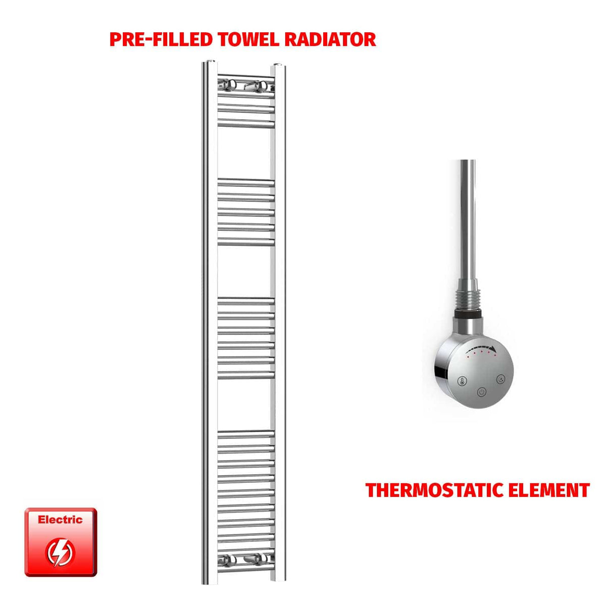 Thermostatic Element 200 x 1400 Flat Chrome Pre-Filled Electric Towel Radiator
