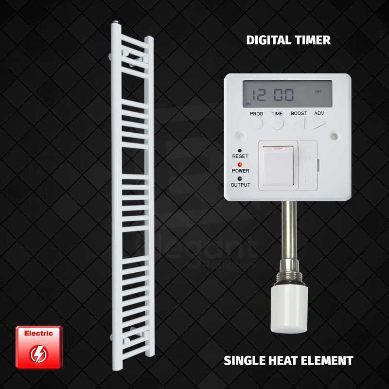 Single Heat Element + Digital Timer 200 x 1400 Flat White Pre-Filled Electric Heated Towel Rail