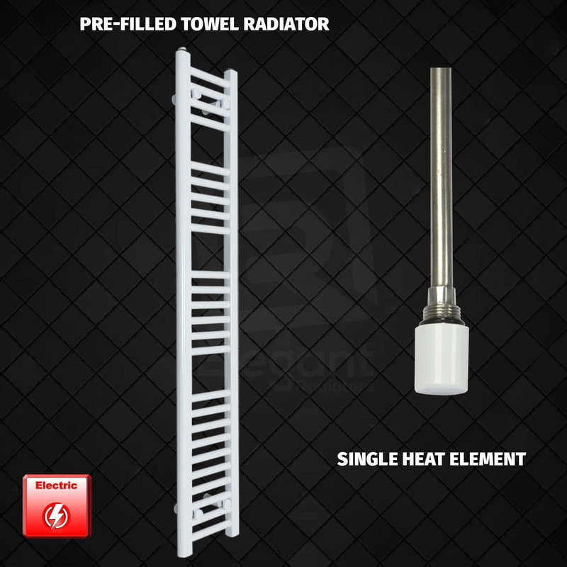 Single Heat Element 200 x 1400 Flat White Pre-Filled Electric Heated Towel Rail