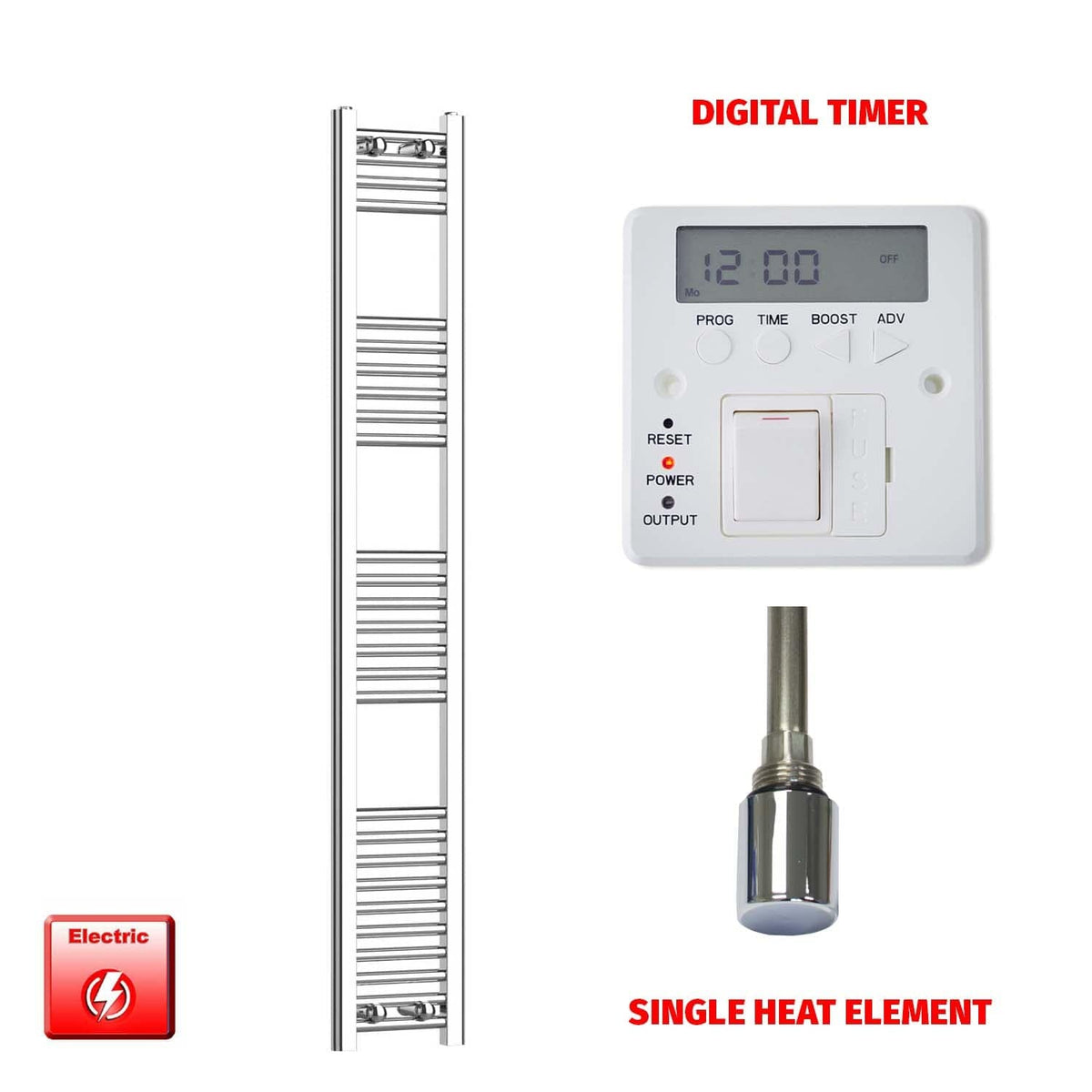 Single Heat Element + Digital Timer 200 x 1600 Flat Chrome Pre-Filled Electric Towel Radiator