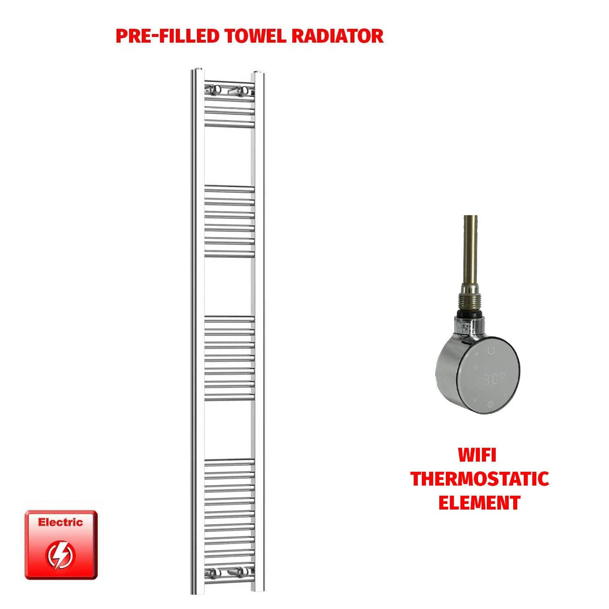 ER-Wifi Thermostatic 200 x 1600 Flat Chrome Pre-Filled Electric Towel Radiator