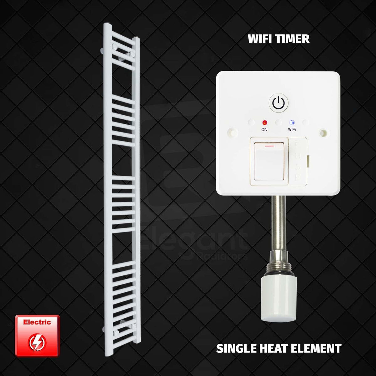 Single Heat Element + Wifi Timer 200 x 1600mm Flat White Pre-Filled Electric Towel Rail HTR