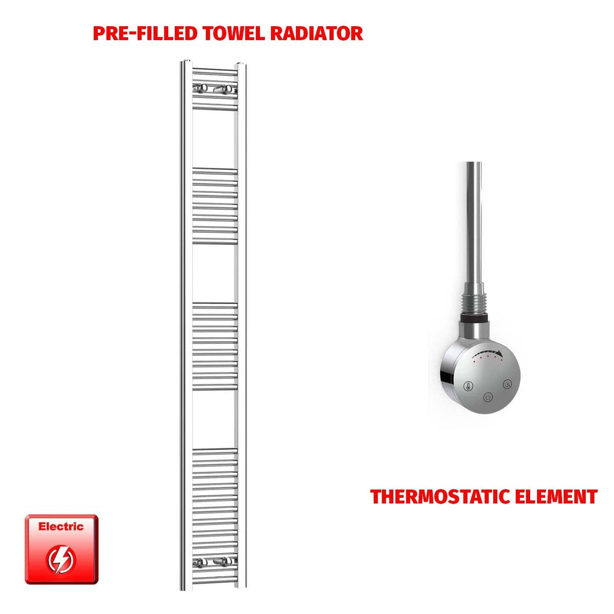 Thermostatic Element 200 x 1800 Flat Chrome Pre-Filled Electric Towel Rail HTR