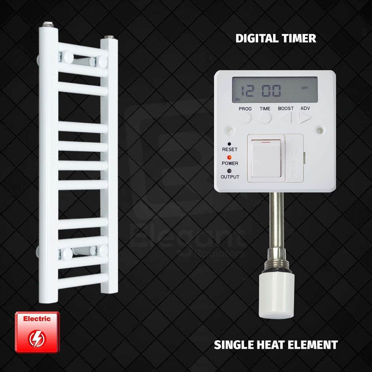 Single Heat Element + Digital Timer 200 x 600mm Flat White Pre-Filled Electric Heated Towel Rail