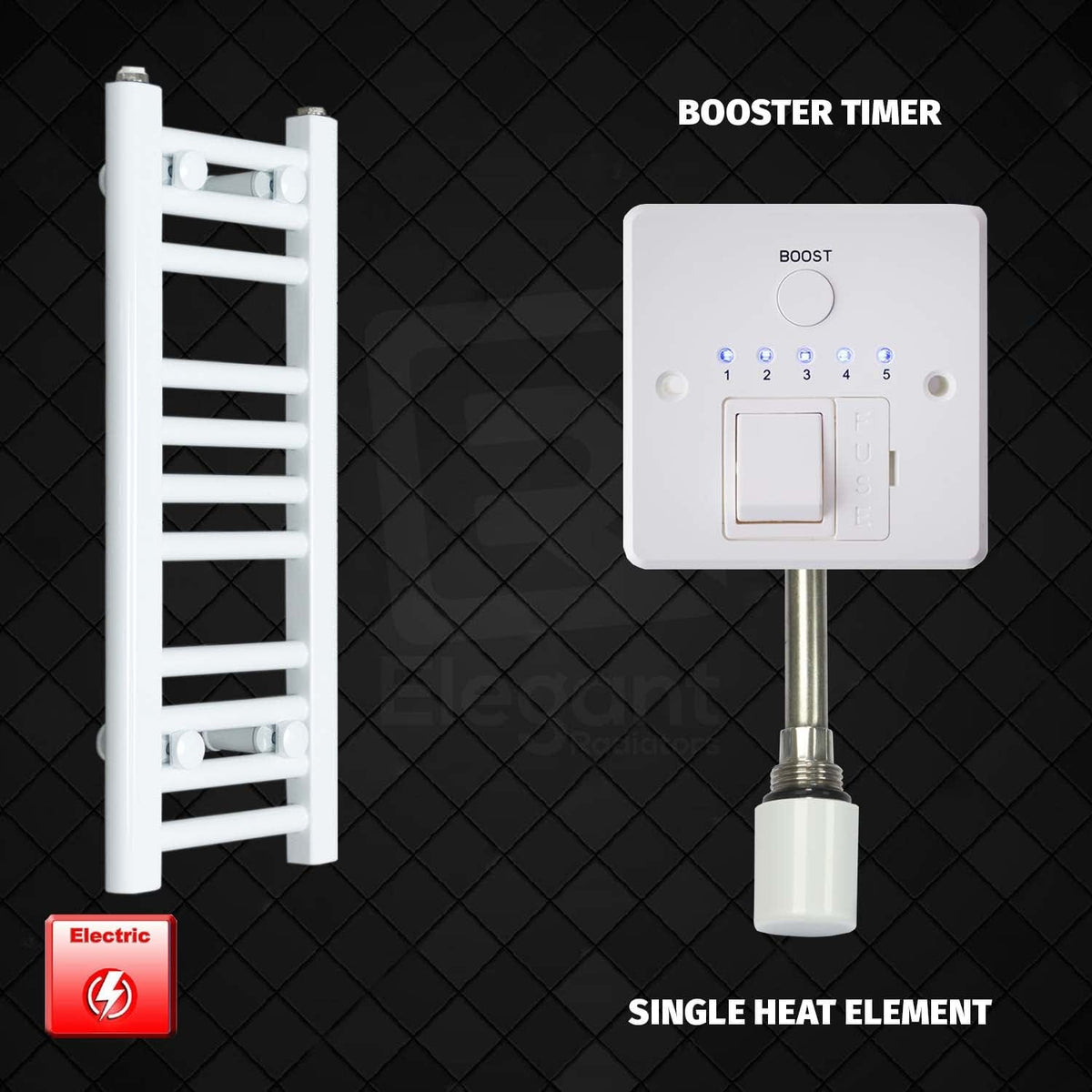 Single Heat Element + Booster Timer 200 x 600mm Flat White Pre-Filled Electric Heated Towel Rail