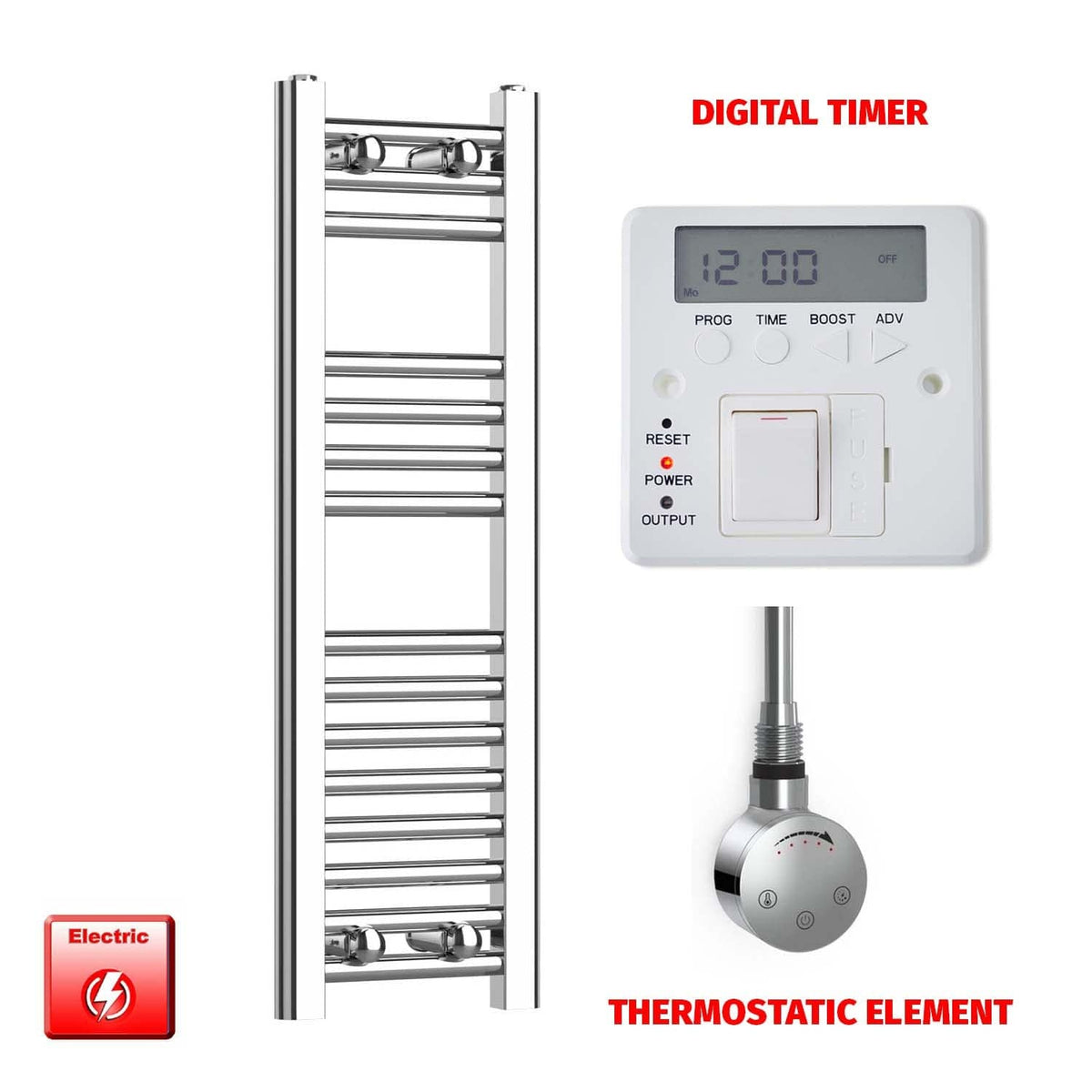Thermostatic Element + Digital Timer 200 x 800 Flat Chrome Pre-Filled Electric Heated Towel Rail