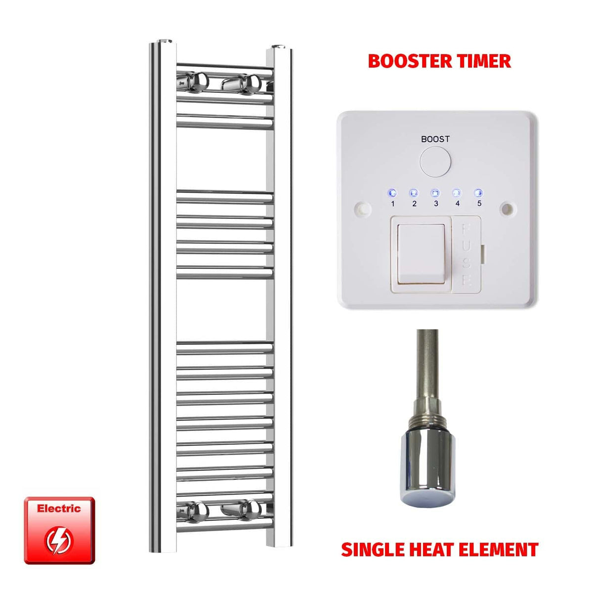Single Heat Element + Booster Timer 200 x 800 Flat Chrome Pre-Filled Electric Heated Towel Rail