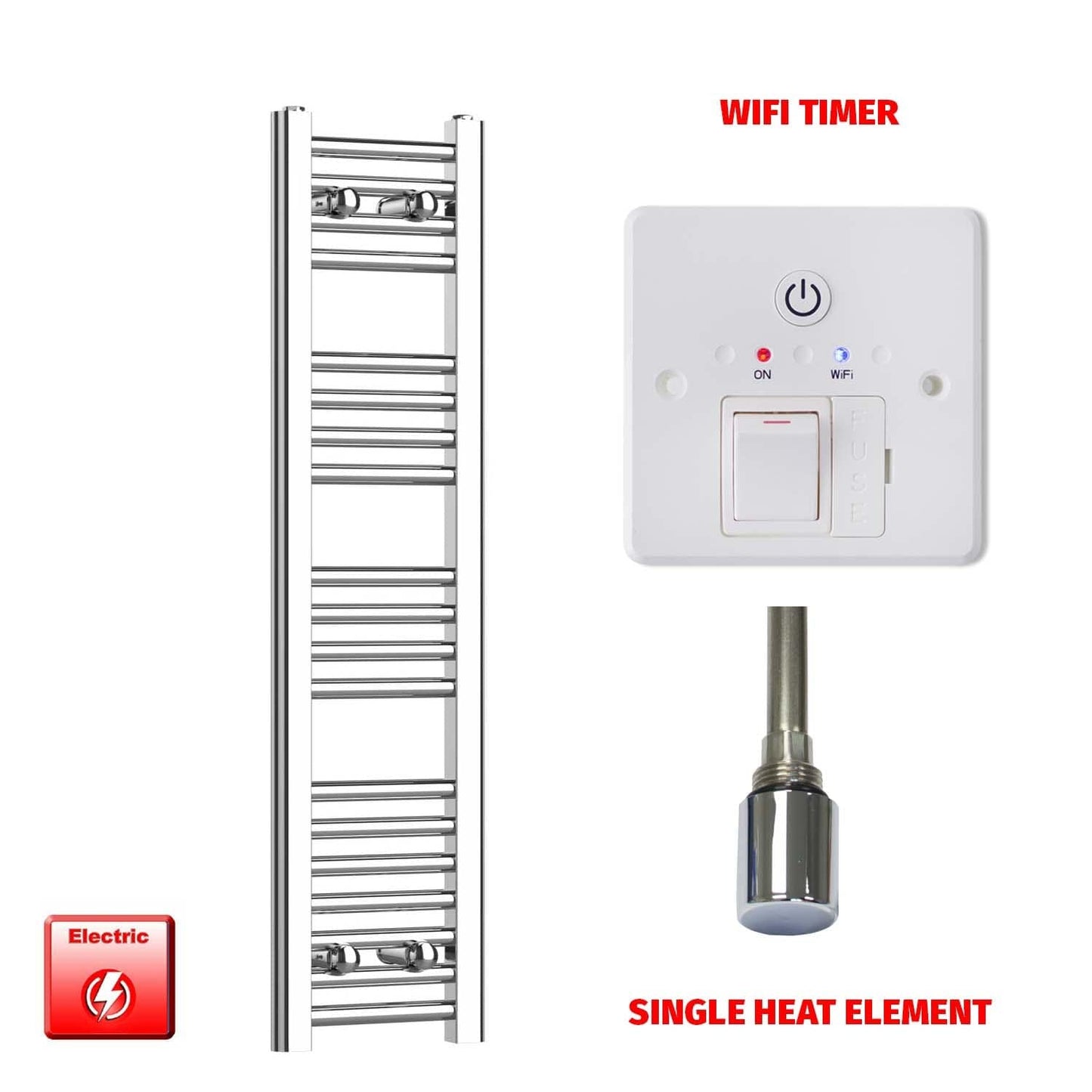 Single Heat Element + Wifi Timer 250 x 1000 Flat Chrome Pre-Filled Electric Heated Towel Rail