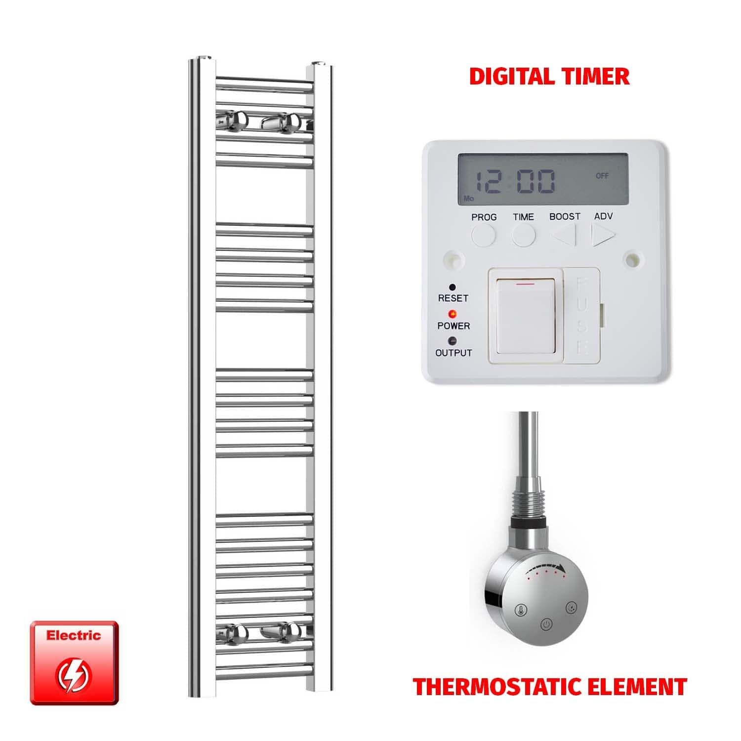 Thermostatic Element + Digital Timer 250 x 1000 Flat Chrome Pre-Filled Electric Heated Towel Rail
