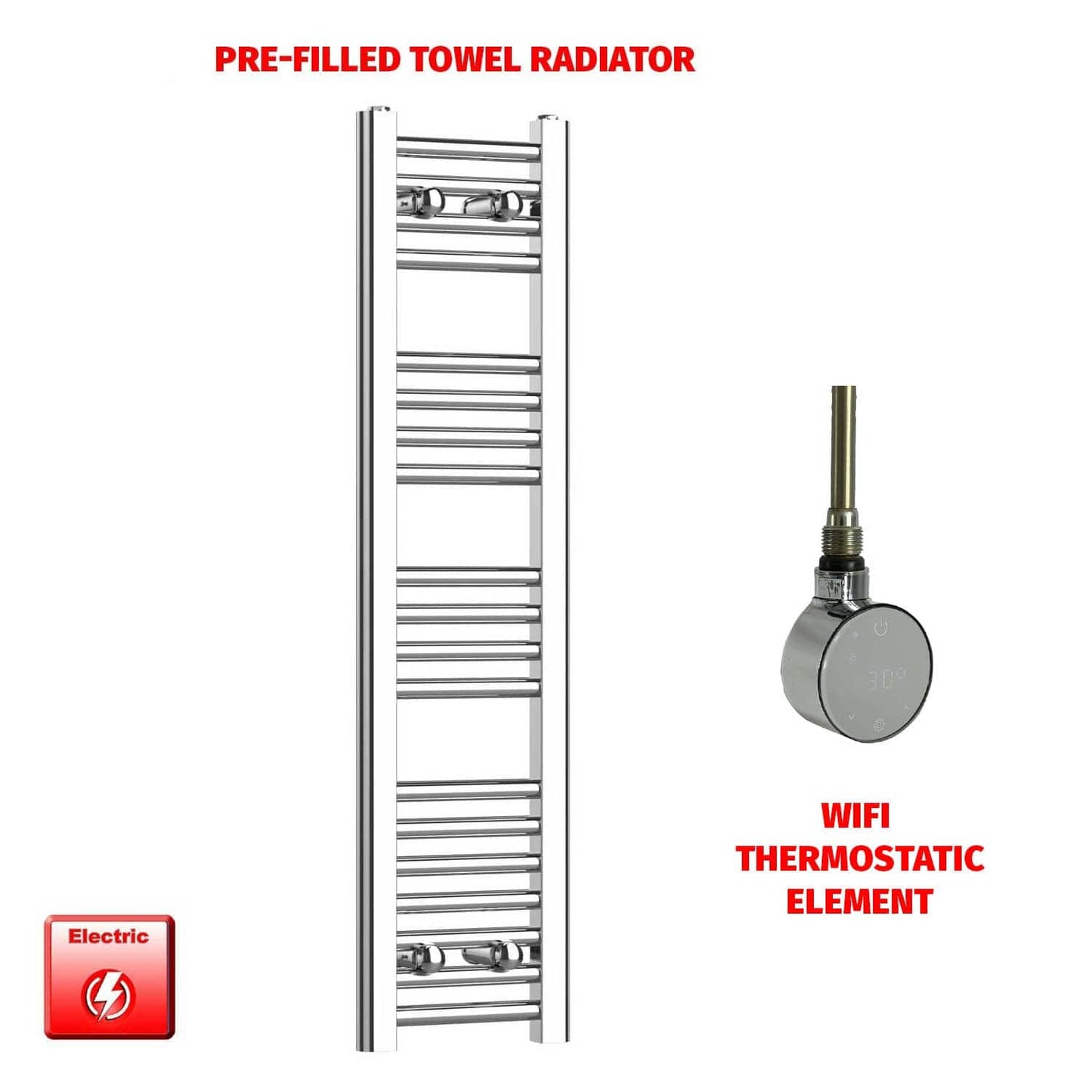 ER-Wifi Thermostatic 250 x 1000 Flat Chrome Pre-Filled Electric Heated Towel Rail