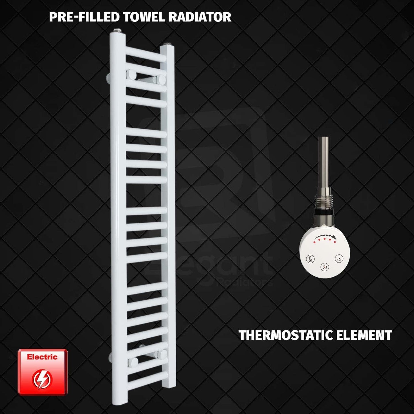 Thermostatic Element 250 x 1000 Flat White Pre-Filled Electric Heated Towel Rail
