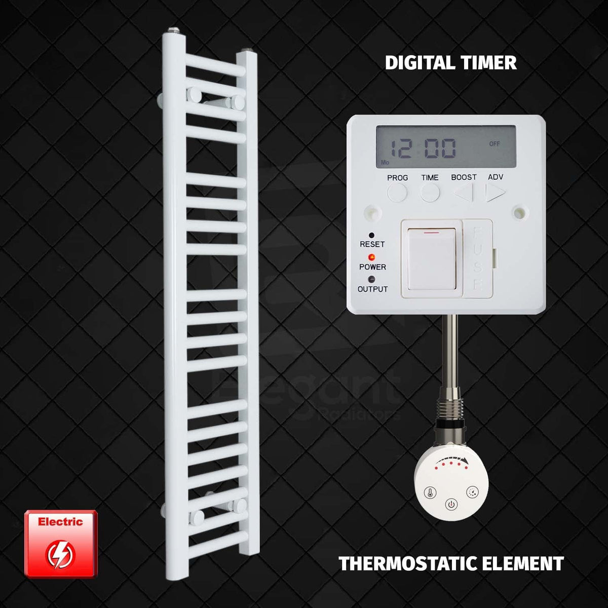 Thermostatic Element + Digital Timer 250 x 1000 Flat White Pre-Filled Electric Heated Towel Rail