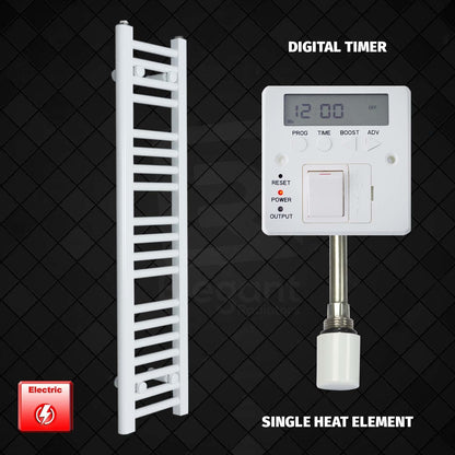 Single Heat Element + Digital Timer 250 x 1000 Flat White Pre-Filled Electric Heated Towel Rail