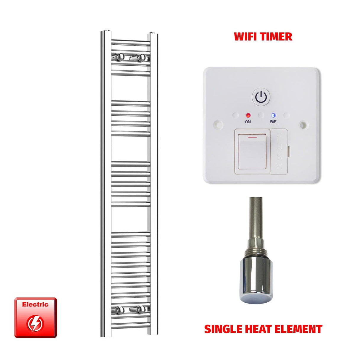 Single Heat Element + Wifi Timer 250 x 1200 Flat Chrome Pre-Filled Electric Towel Radiator