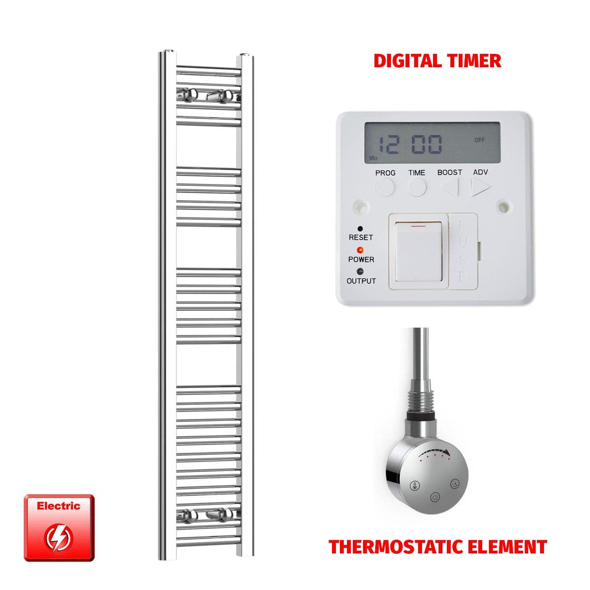 Thermostatic Element + Digital Timer 250 x 1200 Flat Chrome Pre-Filled Electric Towel Radiator