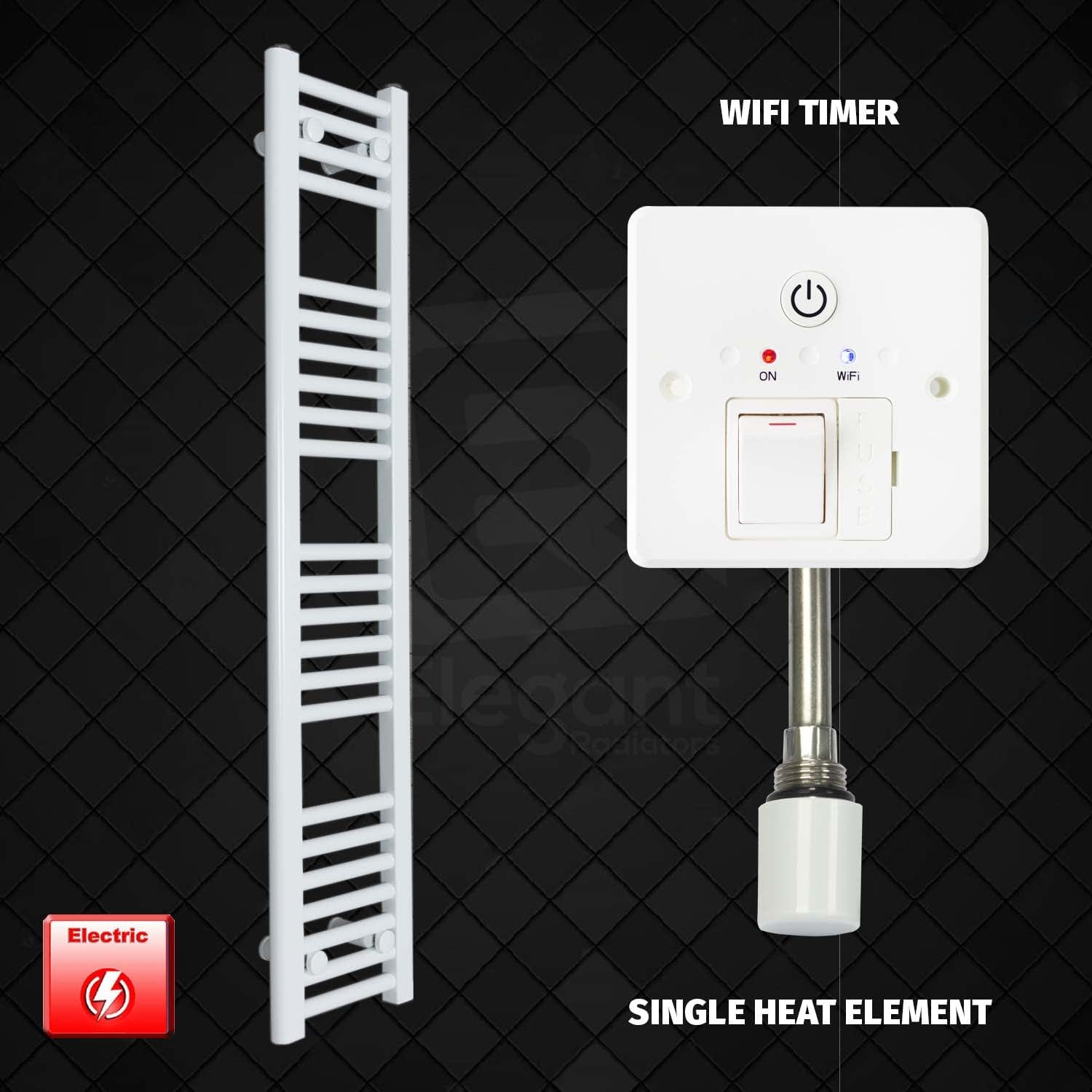 Single Heat Element + Wifi Timer 250 x 1200 Flat White Pre-Filled Electric Towel Radiator HTR