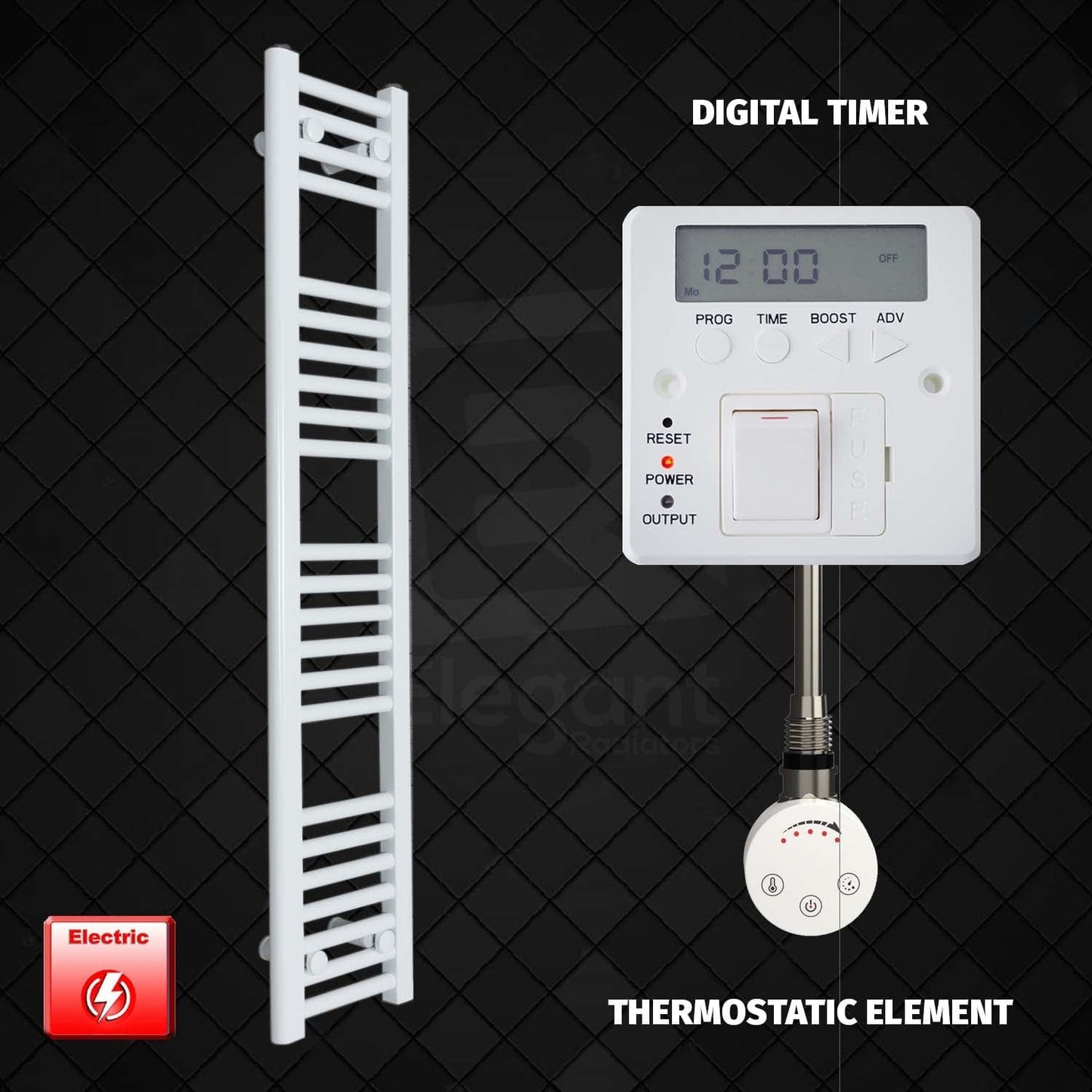 Thermostatic Element + Digital Timer 250 x 1200 Flat White Pre-Filled Electric Towel Radiator HTR