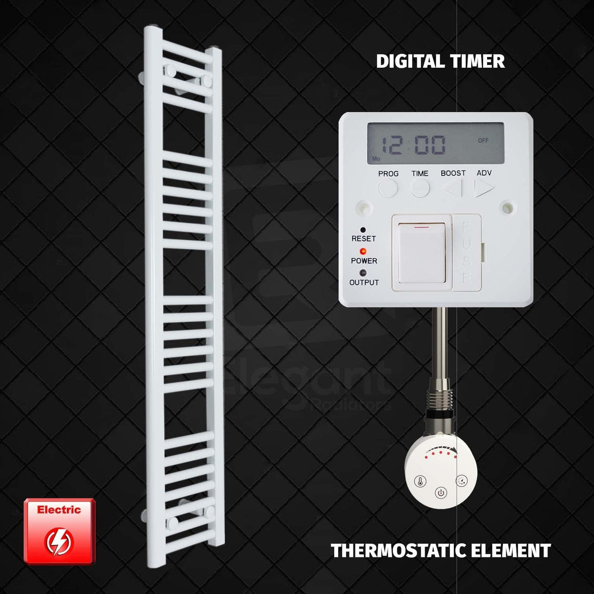 Thermostatic Element + Digital Timer 250 x 1200 Flat White Pre-Filled Electric Towel Radiator HTR