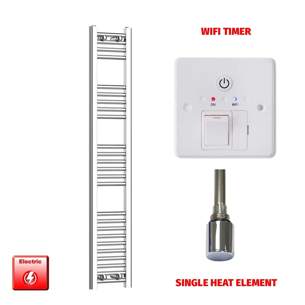 Single Heat Element + Wifi Timer 250 x 1400 Flat Chrome Pre-Filled Electric Towel Radiator