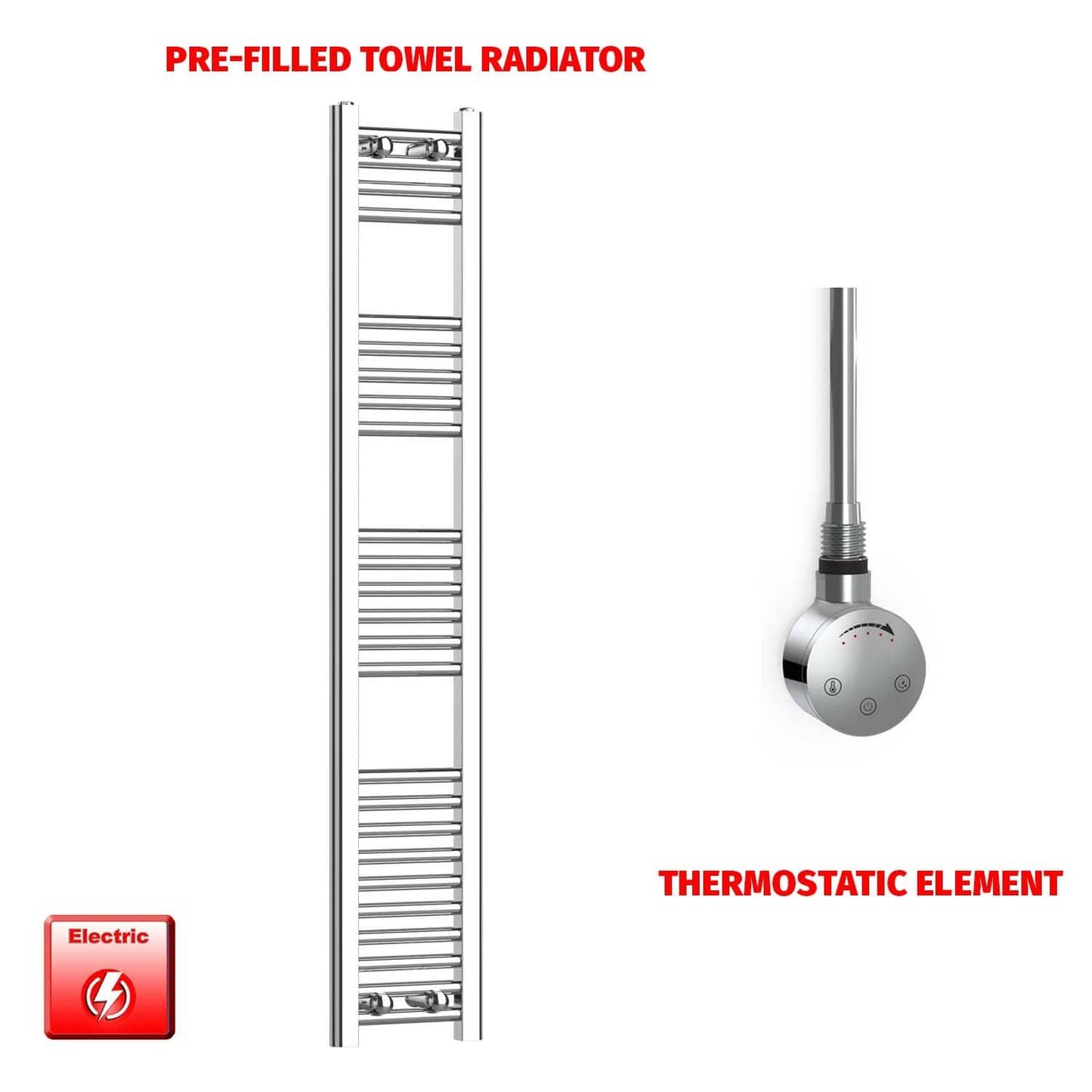 Thermostatic Element 250 x 1400 Flat Chrome Pre-Filled Electric Towel Radiator