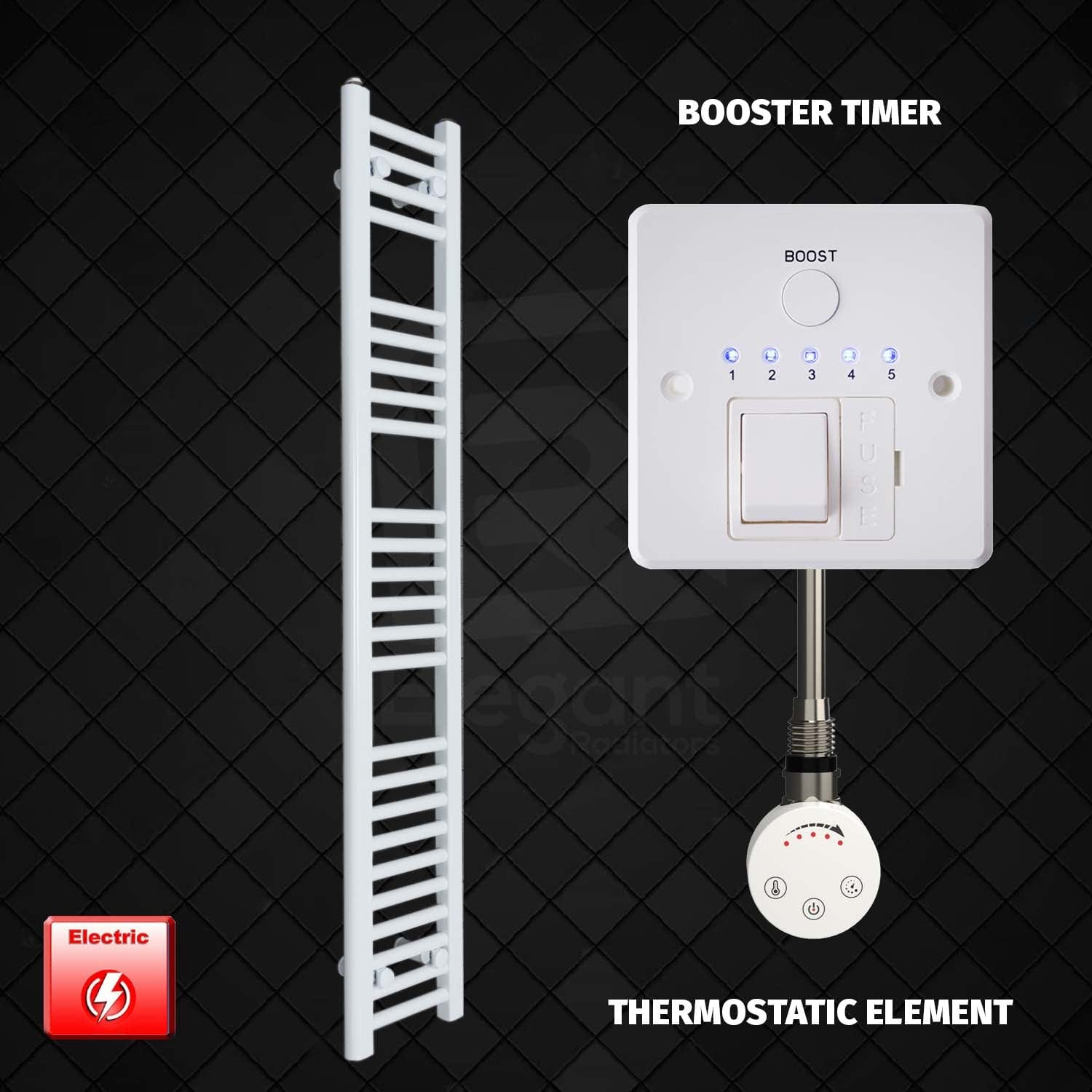 Thermostatic Element + Booster Timer 250 x 1400 Flat White Pre-Filled Electric Towel Rail HTR