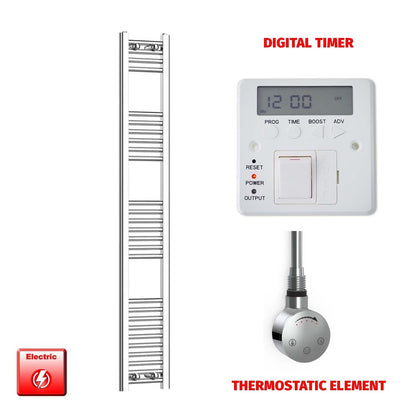 Thermostatic Element + Digital Timer 250 x 1600 Flat Chrome Pre-Filled Electric Towel Radiator