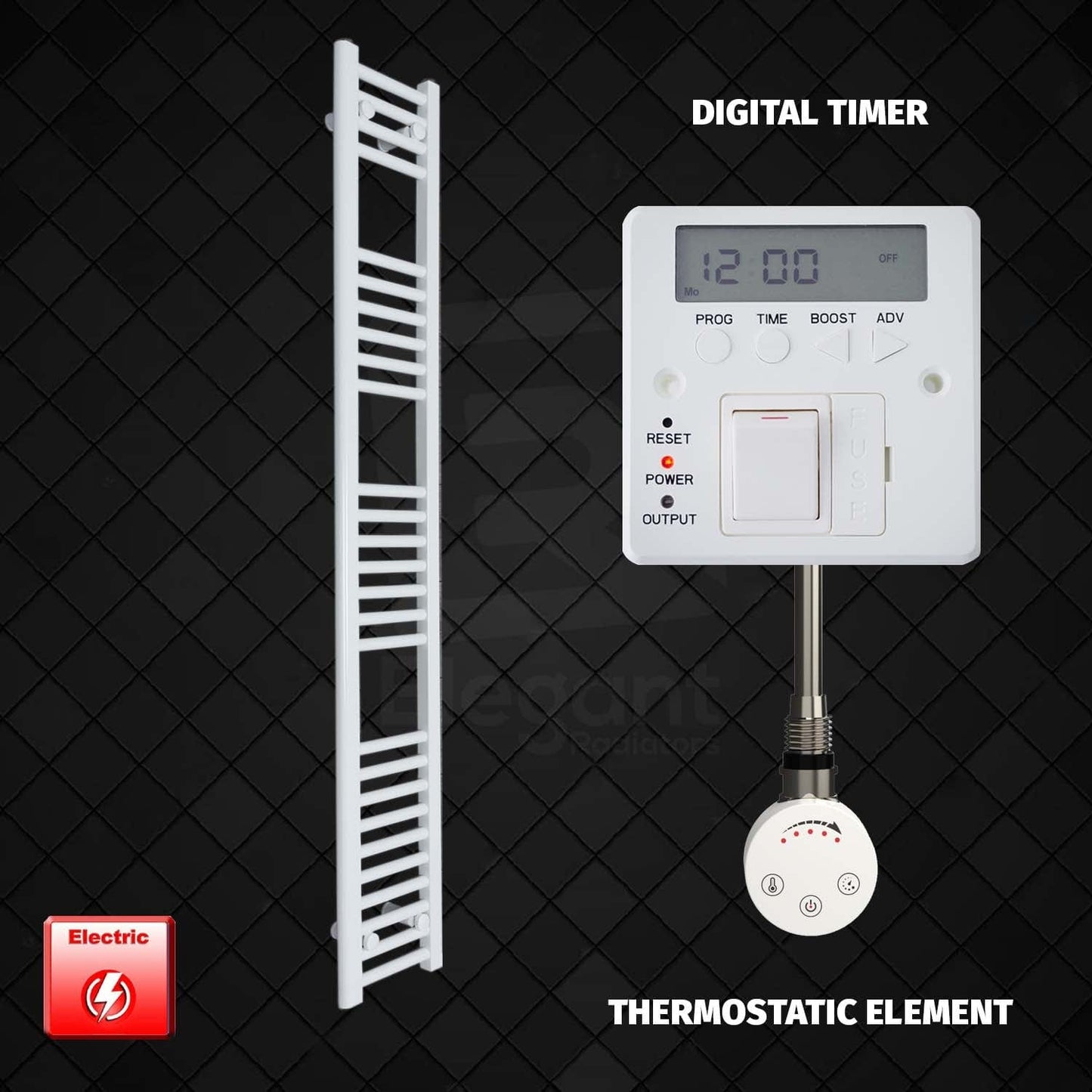 Thermostatic Element + Digital Timer 250 x 1600 Flat White Pre-Filled Electric Towel Rail