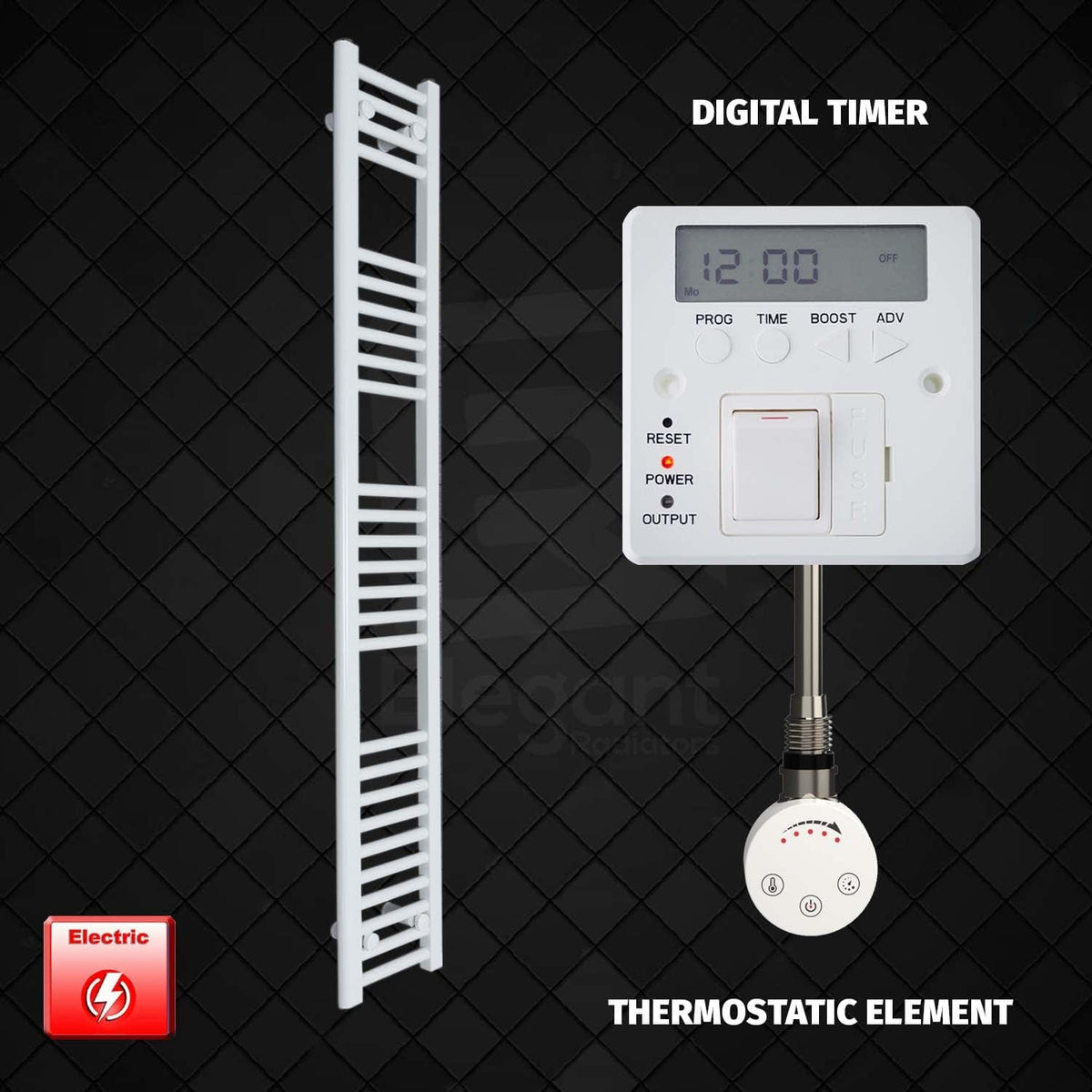 Thermostatic Element + Digital Timer 250 x 1600 Flat White Pre-Filled Electric Towel Rail