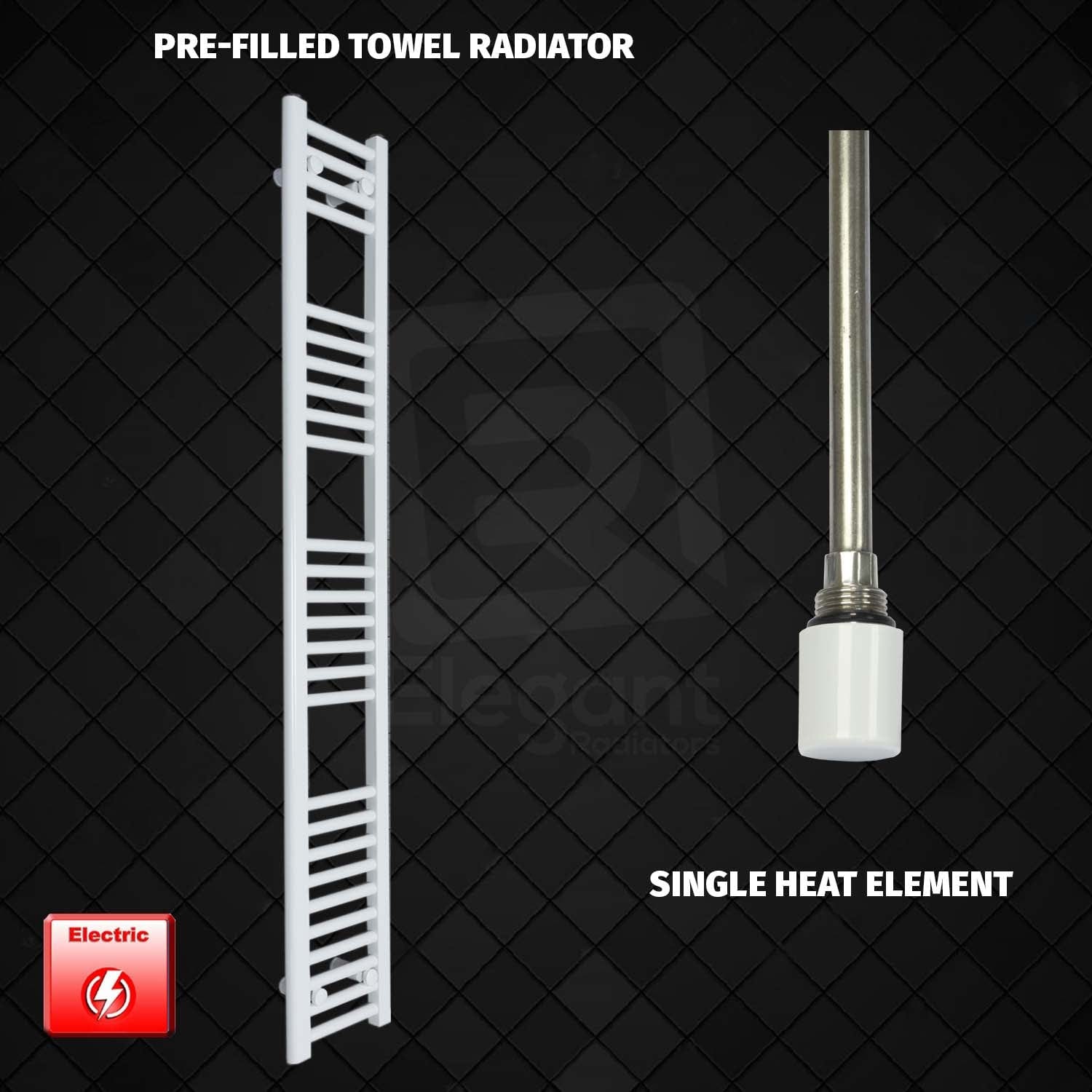 Single Heat Element 250 x 1600 Flat White Pre-Filled Electric Towel Rail