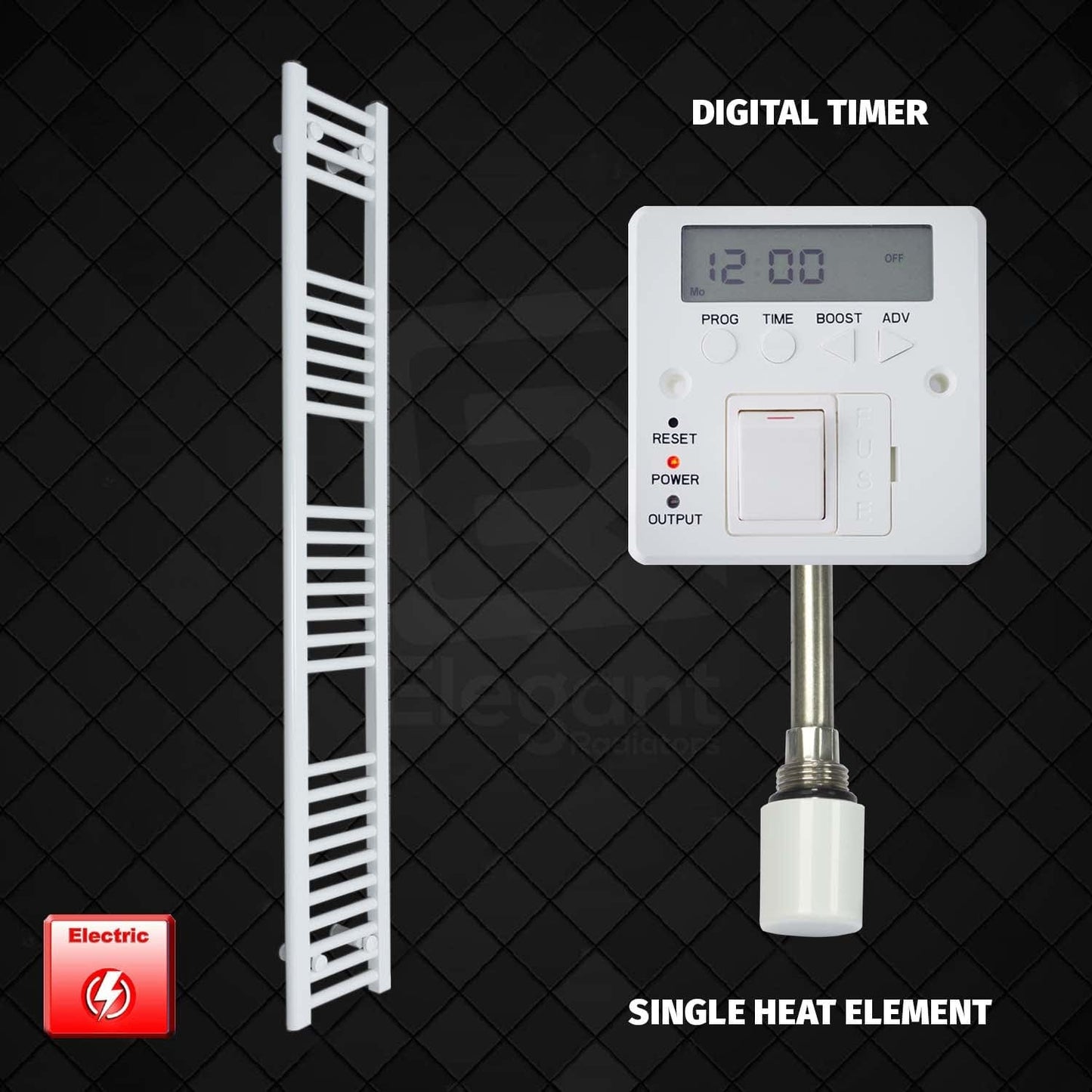 Single Heat Element + Digital Timer 250 x 1600 Flat White Pre-Filled Electric Towel Rail