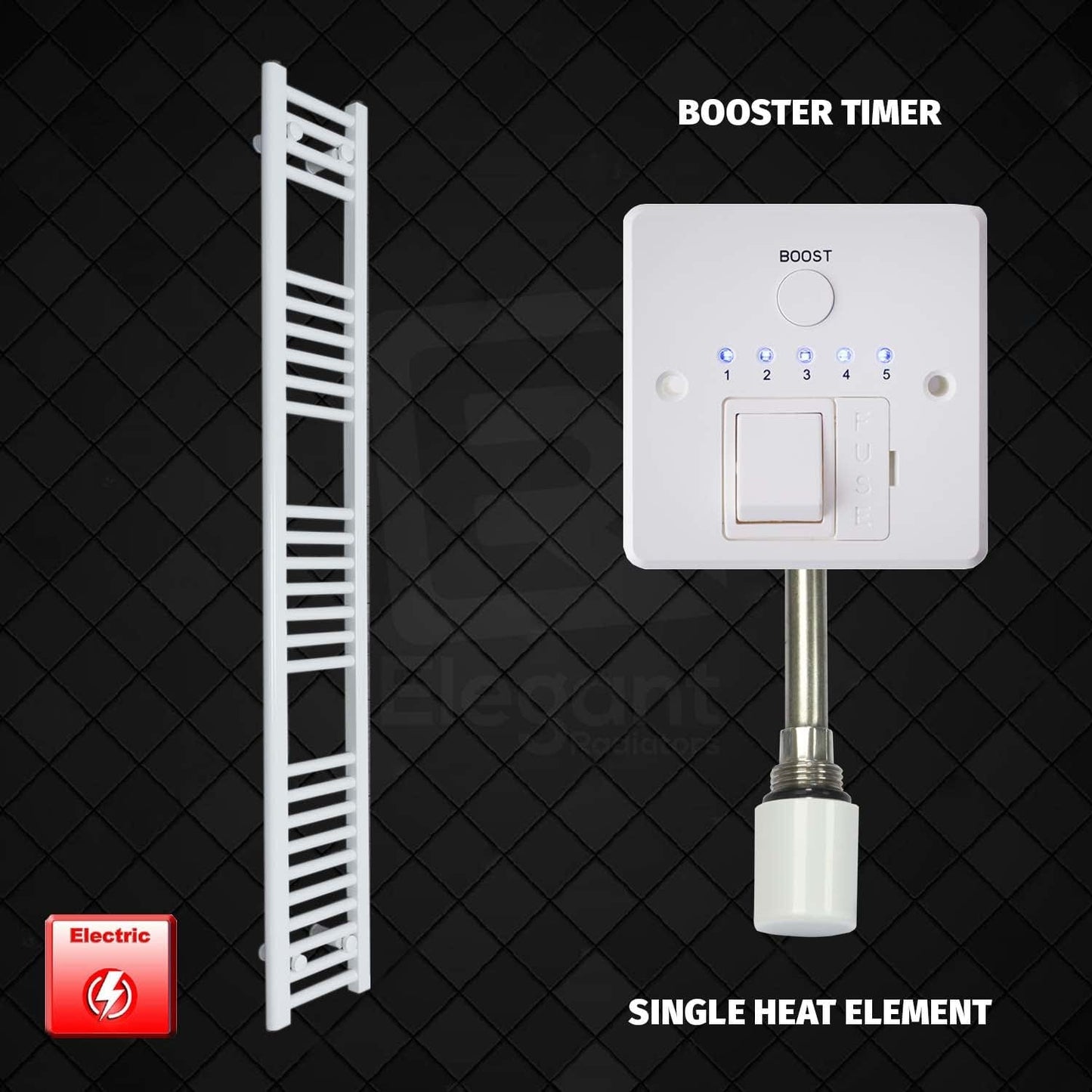 Single Heat Element + Booster Timer 250 x 1600 Flat White Pre-Filled Electric Towel Rail