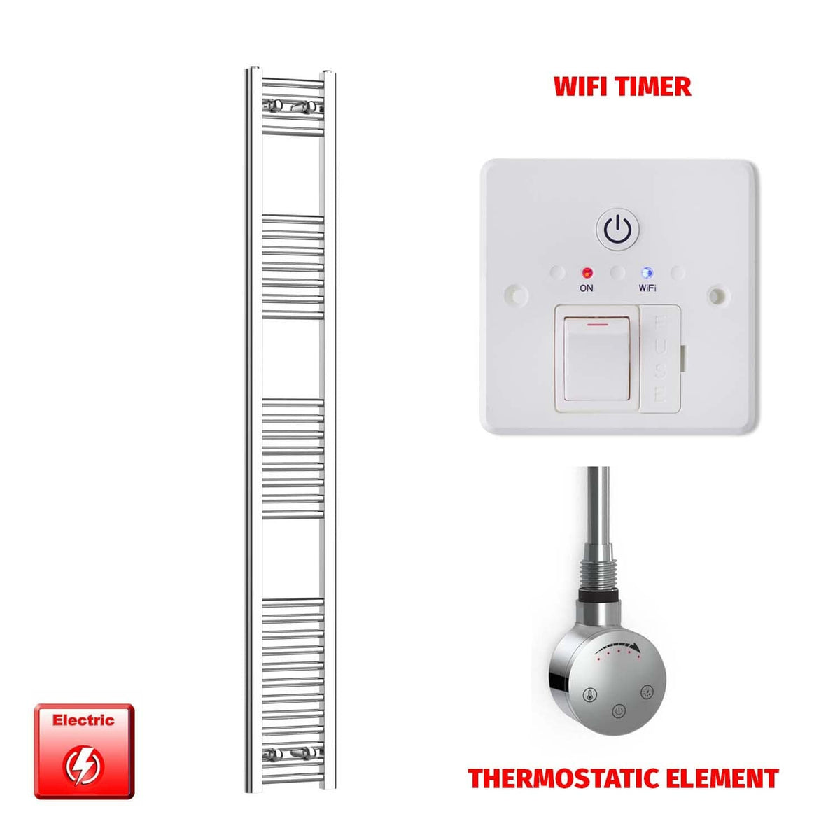 Thermostatic Element + Wifi Timer 250 x 1800 Chrome Pre-Filled Electric Towel Radiator HTR